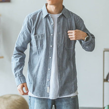 条纹水洗衬衣休闲男潮 修身 翻领衬衫 长袖 新款 嘿马日系复古秋季 男士