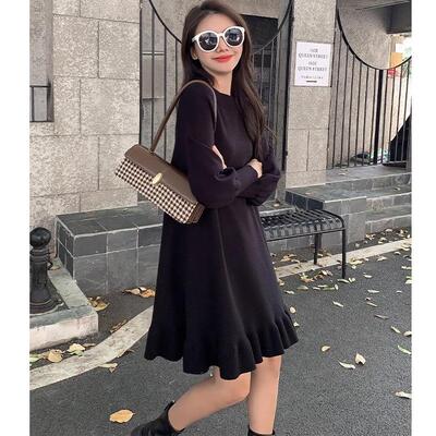 针织连衣裙女秋冬打底长袖2025内搭针织裙显瘦中长款小个子毛衣裙