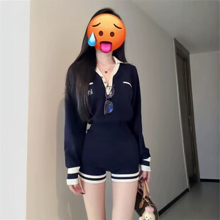 美式辣妹撞色Polo领套头毛衣高腰短裤子女秋季新款时尚连体裤套装
