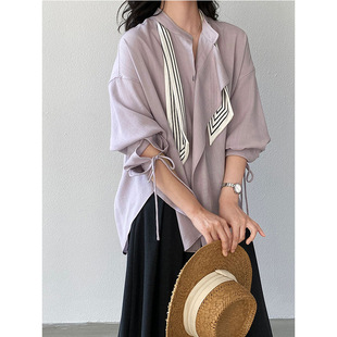 不规则下摆气质小衫 专柜浅紫飘带衬衣女2026新款 设计感抽绳灯笼袖