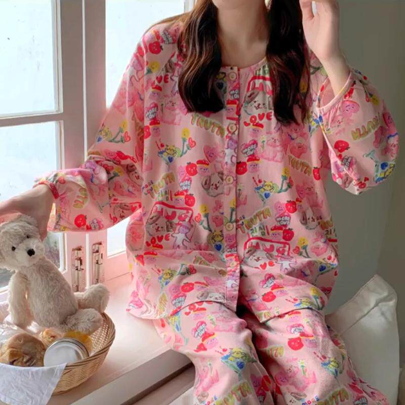 粉色日系睡衣女春秋款卡通可爱纯棉宽松新款月子服家居服套装夏季