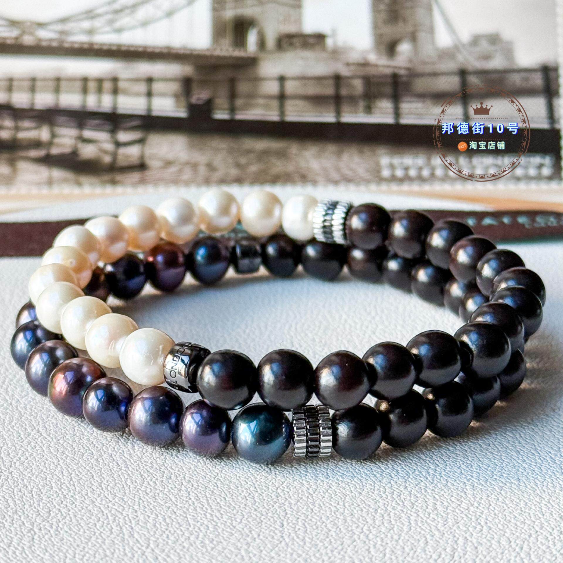 现货英国TateossianRT乌木半宝石黑白珍珠手链手镯镀金纯银送礼物