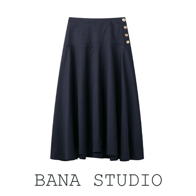 高腰单排扣大摆垂感中长a字半裙