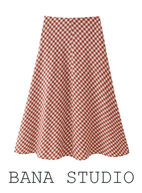BANA西班牙外贸出口红色格子高腰A字半裙中长款格纹长裙半身裙女