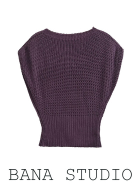 BANA西班牙外贸出口紫色圆领蝙蝠袖短袖收腰短款针织上衣女针织衫