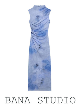 BANA西班牙外贸出口蓝色水墨褶皱收腰立领绢网包臀无袖长裙连衣裙