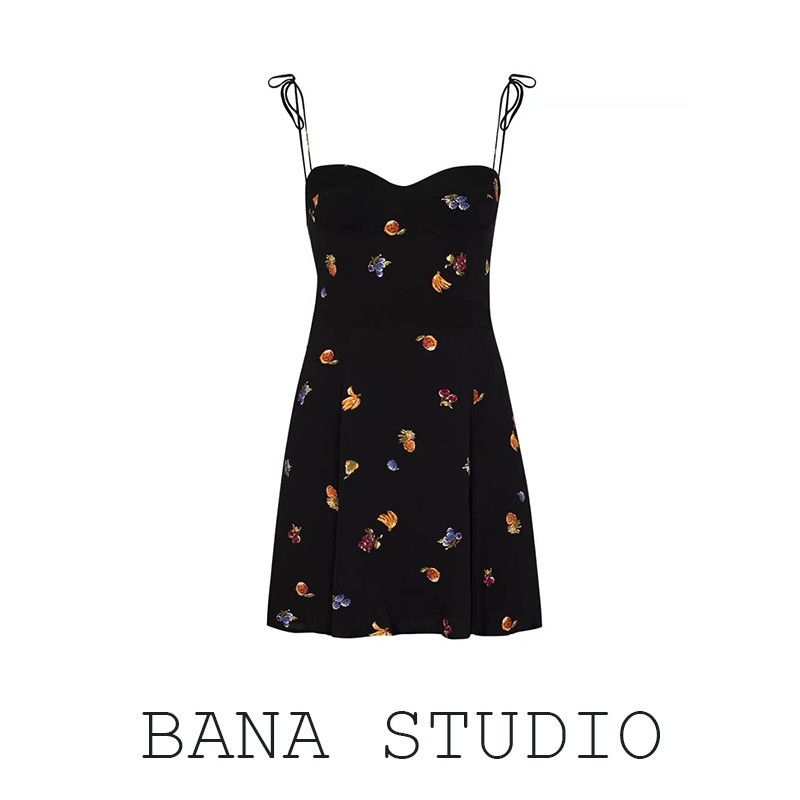 欧美吊带裙涤纶碎花收腰短裙