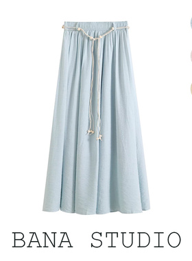 BANA外贸出口蓝色松紧腰高腰垂感大摆半身裙女夏薄款伞裙中长半裙