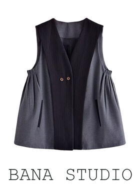 BANA外贸出口大码高级设计感拼接a字无袖西装马甲女春秋洋气外套