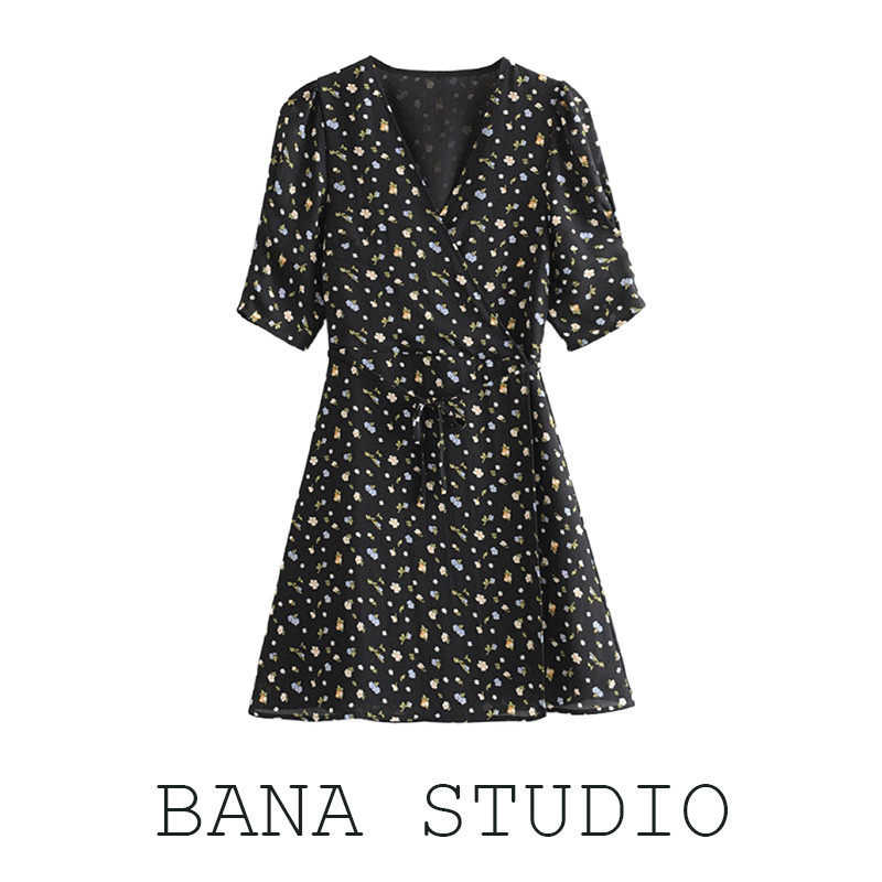 bana法国外贸出口尾货夏季女装修身v领碎花系带裹身裙短袖连衣裙