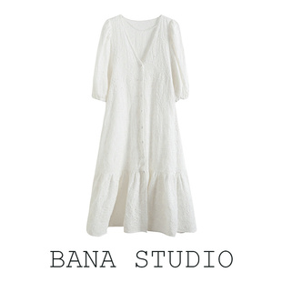 BANA欧货外贸白色V领绣花长裙中袖连衣裙女2022年夏新款高级感