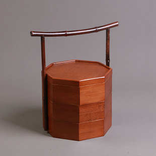 竹制双层八角手提收纳食盒新中式户外便携干果零食小提篮茶点心盒