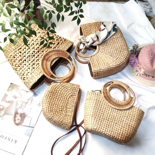 亚马逊手工藤编手提包编织草编包度假旅行沙滩包ins 女包 休闲时尚