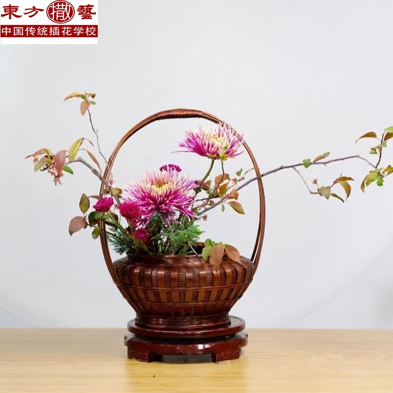 中式花艺插花篮竹编复古手提摆件