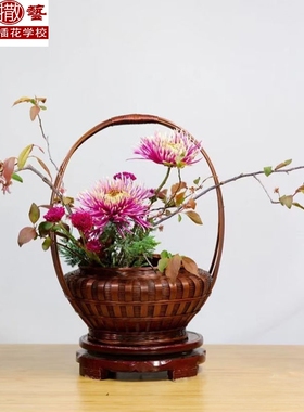 中华花艺插花篮竹编复古手提撒花篮摆件禅意中式插花器皿花道竹筒