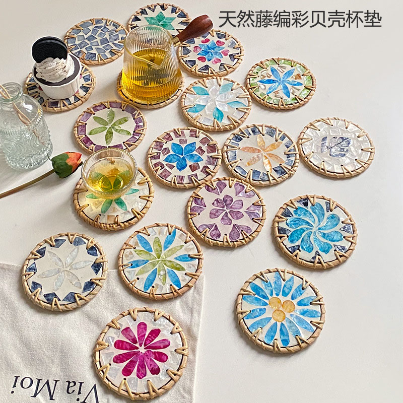 越南藤編杯墊貝殼隔熱墊圓形防燙