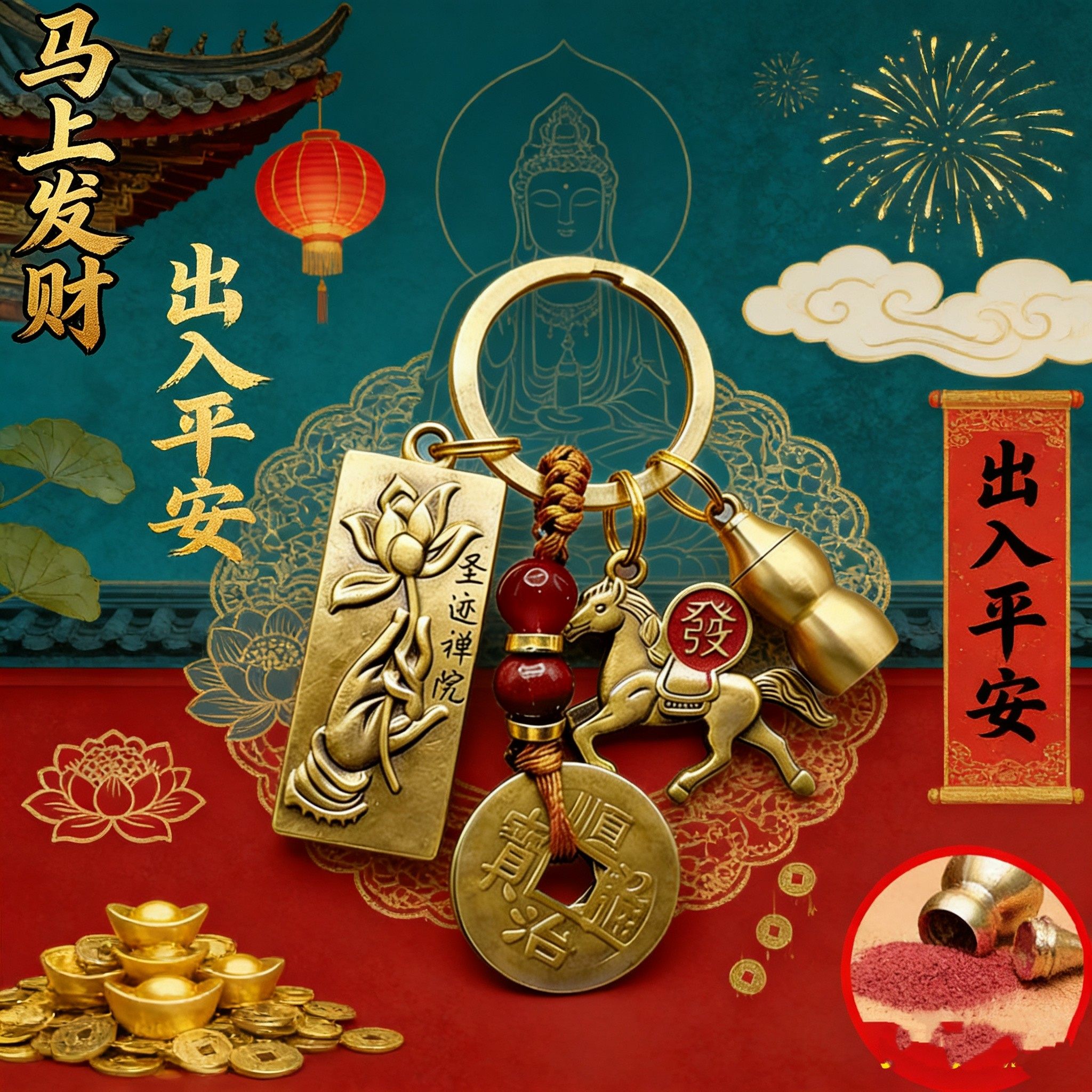马年新款莲花佛手十二生肖马上发财钥匙扣挂件葫芦五帝钱包包吊坠,汽车用品/电子/清洗/改装,车用钥匙扣,淘宝优惠券,粉丝福利购,淘宝优惠卷