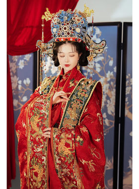 出租正版婚服百鸟朝凤明制重工满花盘金绣新郎新娘汉服国庆婚礼