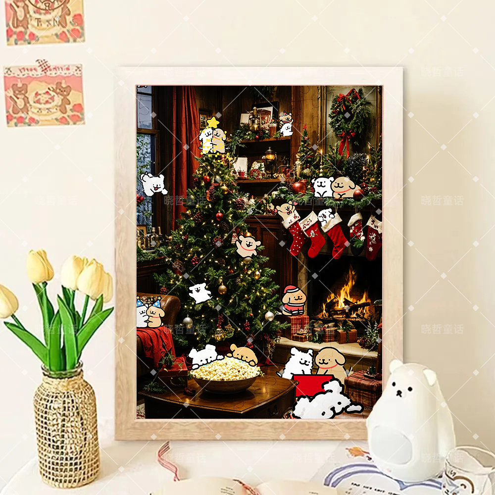 线条小狗卡通拼图木质1000片儿童玩具6至10岁男孩礼物有相框挂画