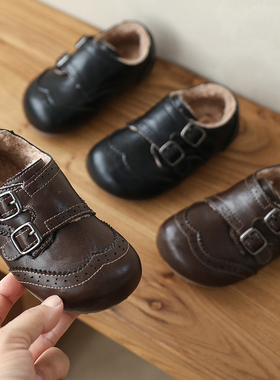 真皮儿童皮鞋英伦风复古雕花女童鞋秋冬加绒保暖宝宝鞋软底男童鞋