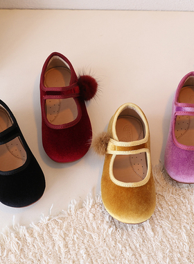 韩版女童公主鞋2025秋冬季丝绒小孩单鞋鞋国风红色毛球儿童公主鞋