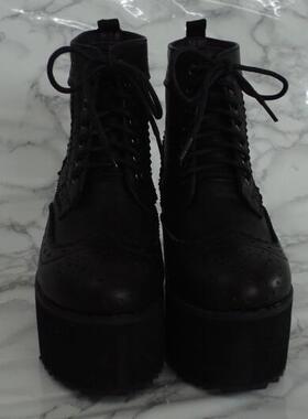 手工真皮黑色欧美风布洛克雕花粗跟女短靴马丁靴