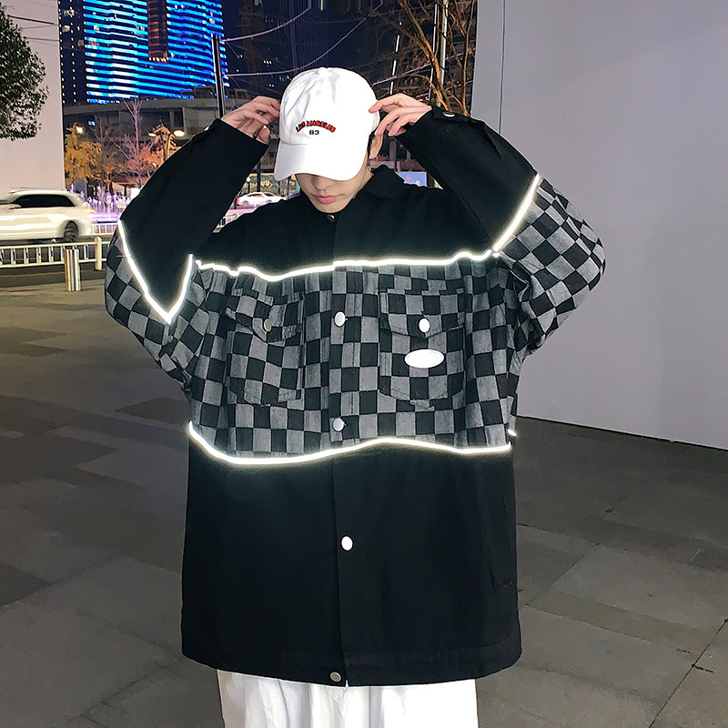 2024春新款港风大码反光条夹克棋盘格牛仔外套JK18P852263,男装夹克,星座226-3