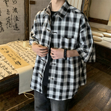 夏季港风格子朝复古短袖盘扣男五分袖衬衫大码226-3-D1166-P43，男装衬衫，星座226-3