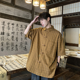 2024夏大码宽松复古新中式风风盘扣五分袖格子衬衫6286-P48，男装衬衫，星座226-3