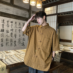 2024夏大码宽松复古新中式风风盘扣五分袖格子衬衫 6286-P48图片