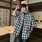 夏季港风格子朝复古短袖盘扣男五分袖衬衫大码226-3-D1166-P43，男装衬衫，星座226-3