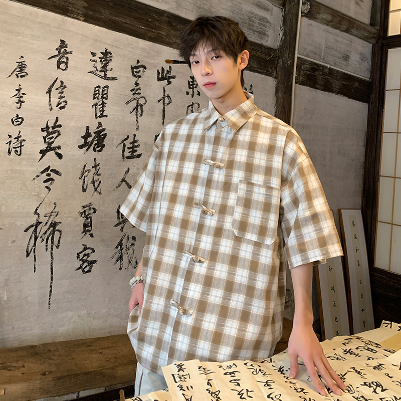 夏季港风格子朝复古短袖盘扣男五分袖衬衫大码226-3-D1166-P43，男装衬衫，星座226-3