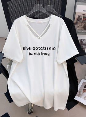 HELLOYY特肥特大码女装镂空V领烫画棉短袖T恤女300斤上衣
