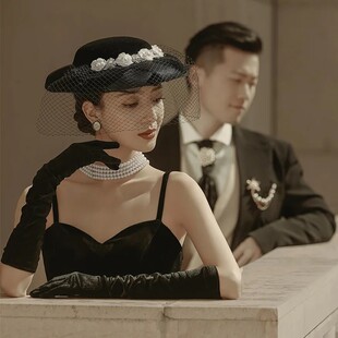 复古法式小礼帽子手套女赫本风黑色网纱名媛优雅礼服影楼拍照头饰