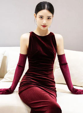 酒红色新娘结婚敬酒礼服手套丝绒