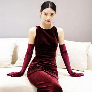 酒红色丝绒手套新娘结婚礼服敬酒服加长袖套保暖春秋冬季优雅黑色