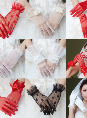 婚纱手套蕾丝短款森系缎面新娘结婚礼服手纱薄款夏季超仙韩式红色
