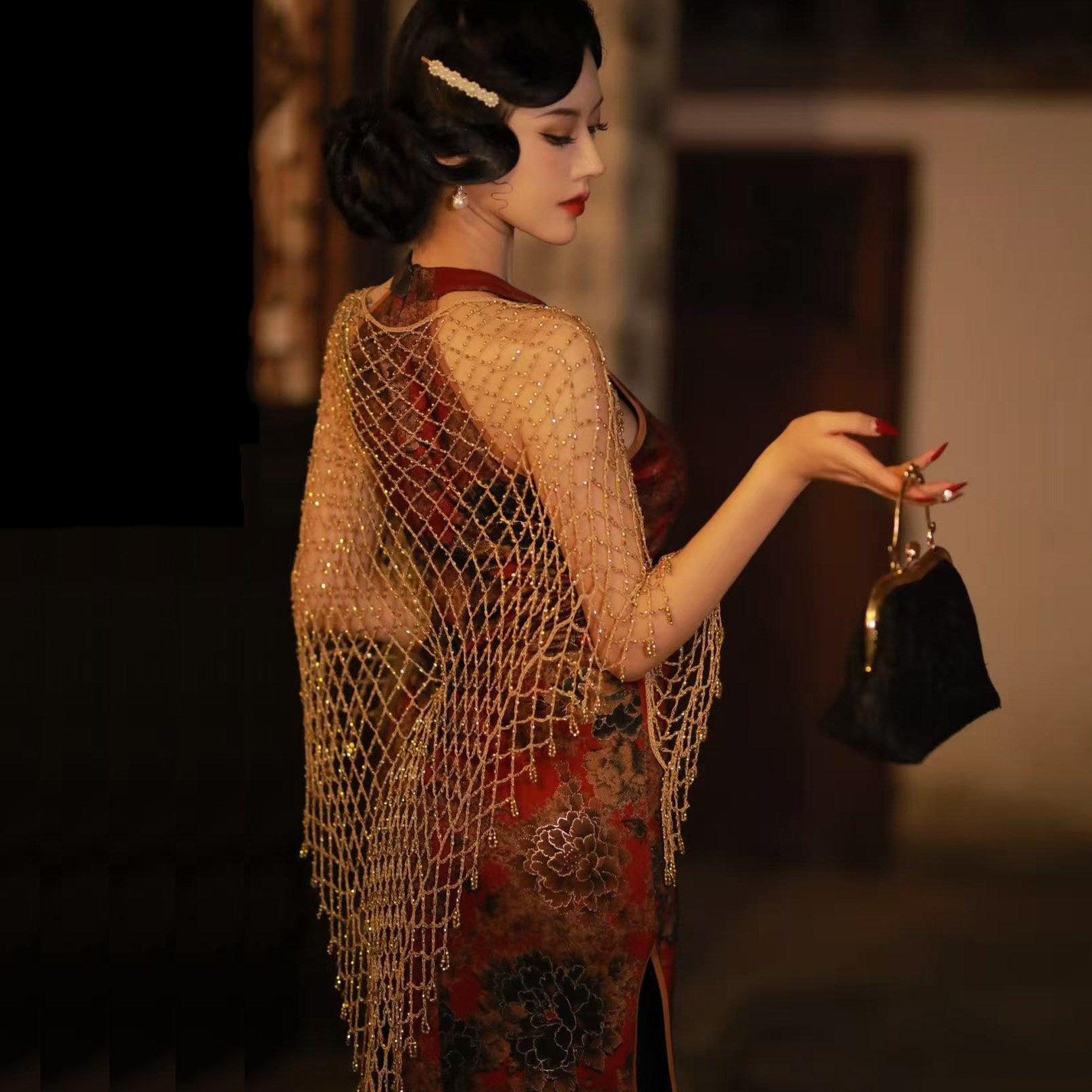 复古流苏串珠紫色鎏金旗袍披肩女外搭三角巾古典民族风斗篷式围巾