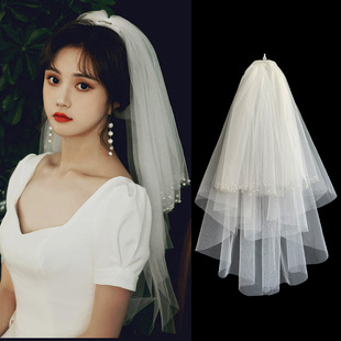 新娘头纱主婚纱头饰高级求婚拍照道具领证双层蓬蓬钉珍珠多层软纱