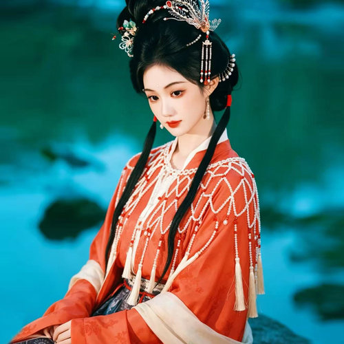 中国风珍珠云肩汉服宋制流苏披肩