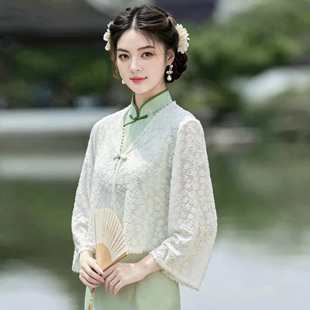新中式国风礼服旗袍披肩时尚外套女春秋盘扣长袖蕾丝上衣裙子外搭