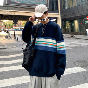 A353-M073-特P55 高质量日系复古翻领拼色套头毛衣休闲男女针织衫图片