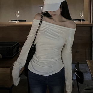 【清仓五折】一字肩凸显肩颈线条 腰部堆积感 长袖上衣t