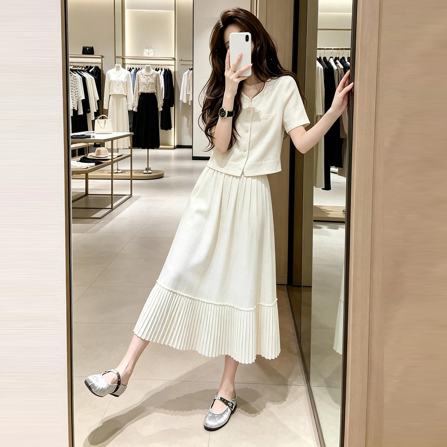 巨好看韩系穿搭白色连衣裙子女夏季2026新款独特漂亮绝美套装长裙