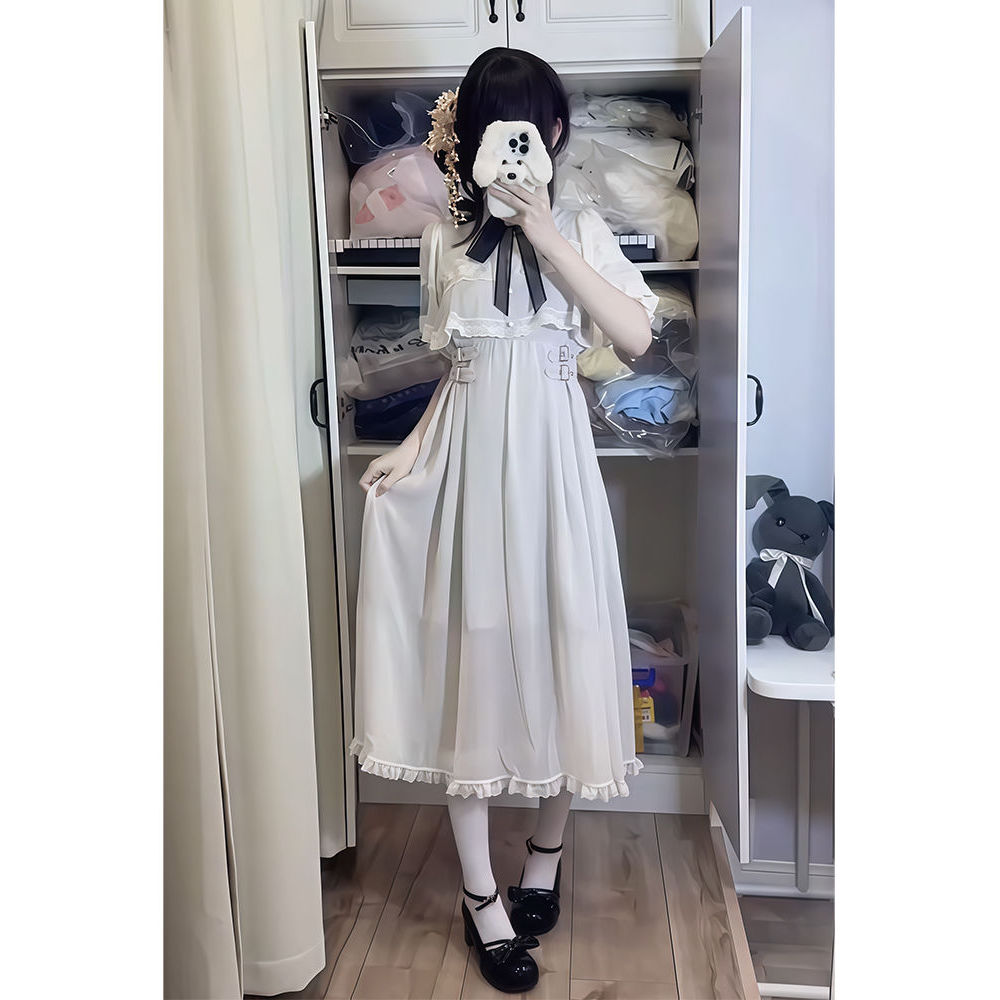 日系原创量产型罩纱斗篷半袖带胸针蕾丝连衣裙洛丽塔lolita裙蕾服
