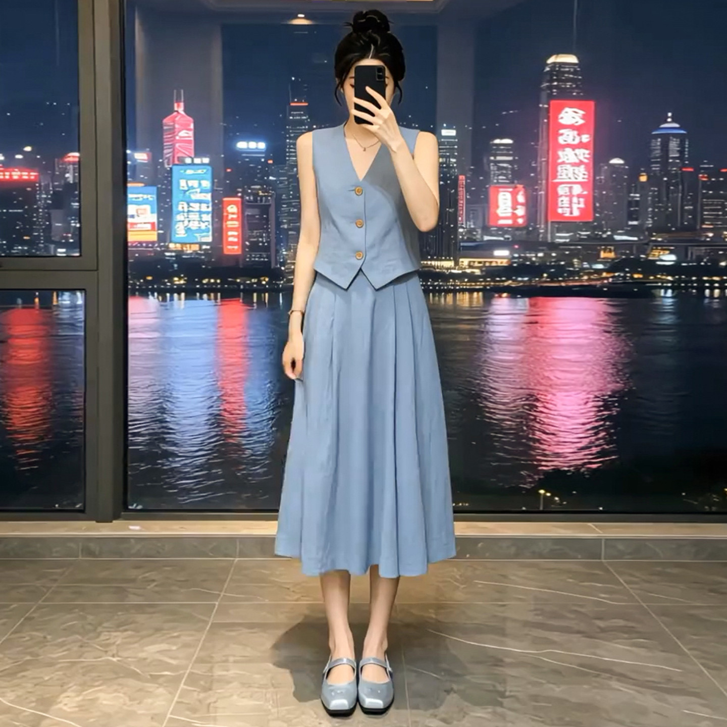 法式蓝色无袖背心连衣裙子女夏季2026新款巨好看穿搭一整套装长裙