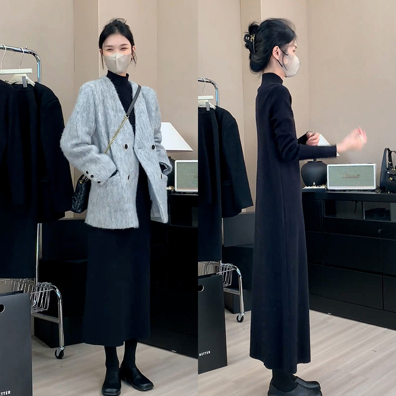 赫本风法式黑色高领针织连衣裙子女早秋季2026新款高级感内搭长裙