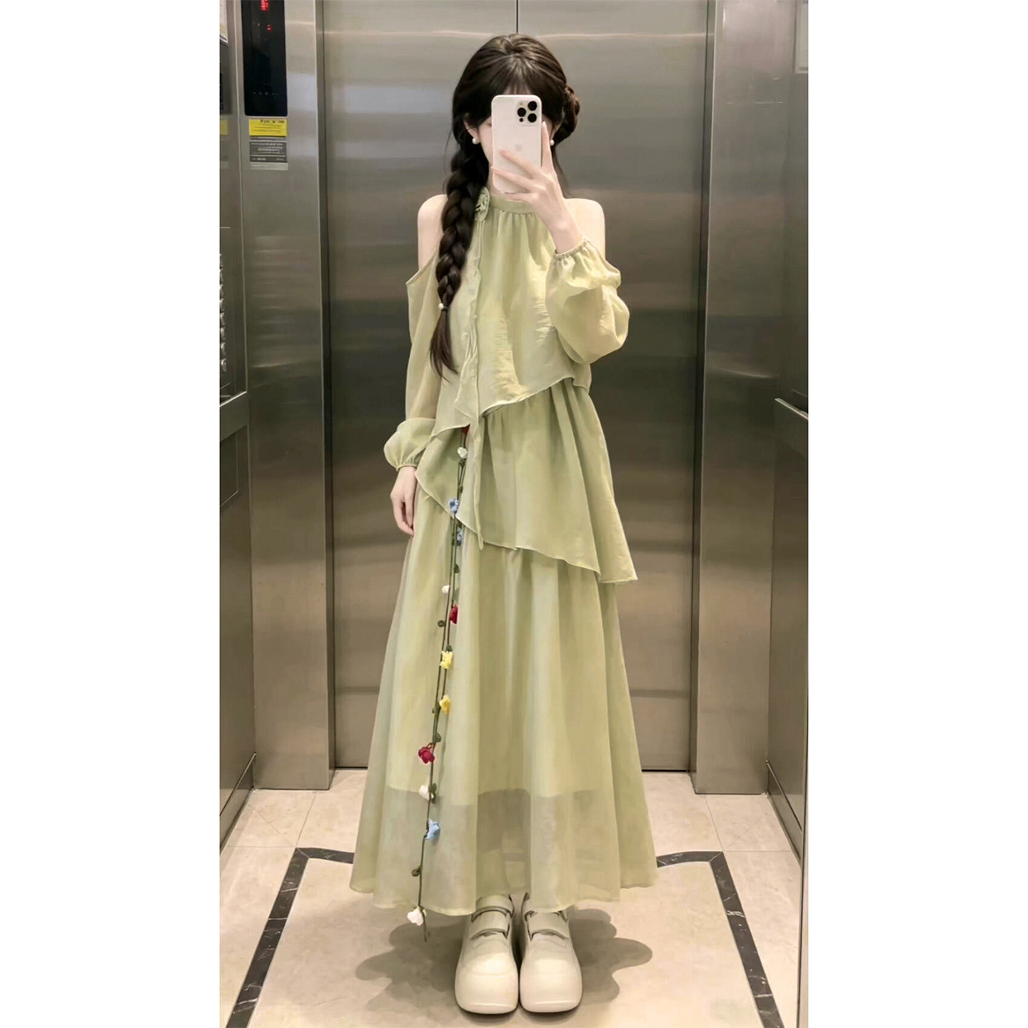 夏日绝美漂亮绿色雪纺连衣裙子女夏季2026新款不规则长裙早春穿搭