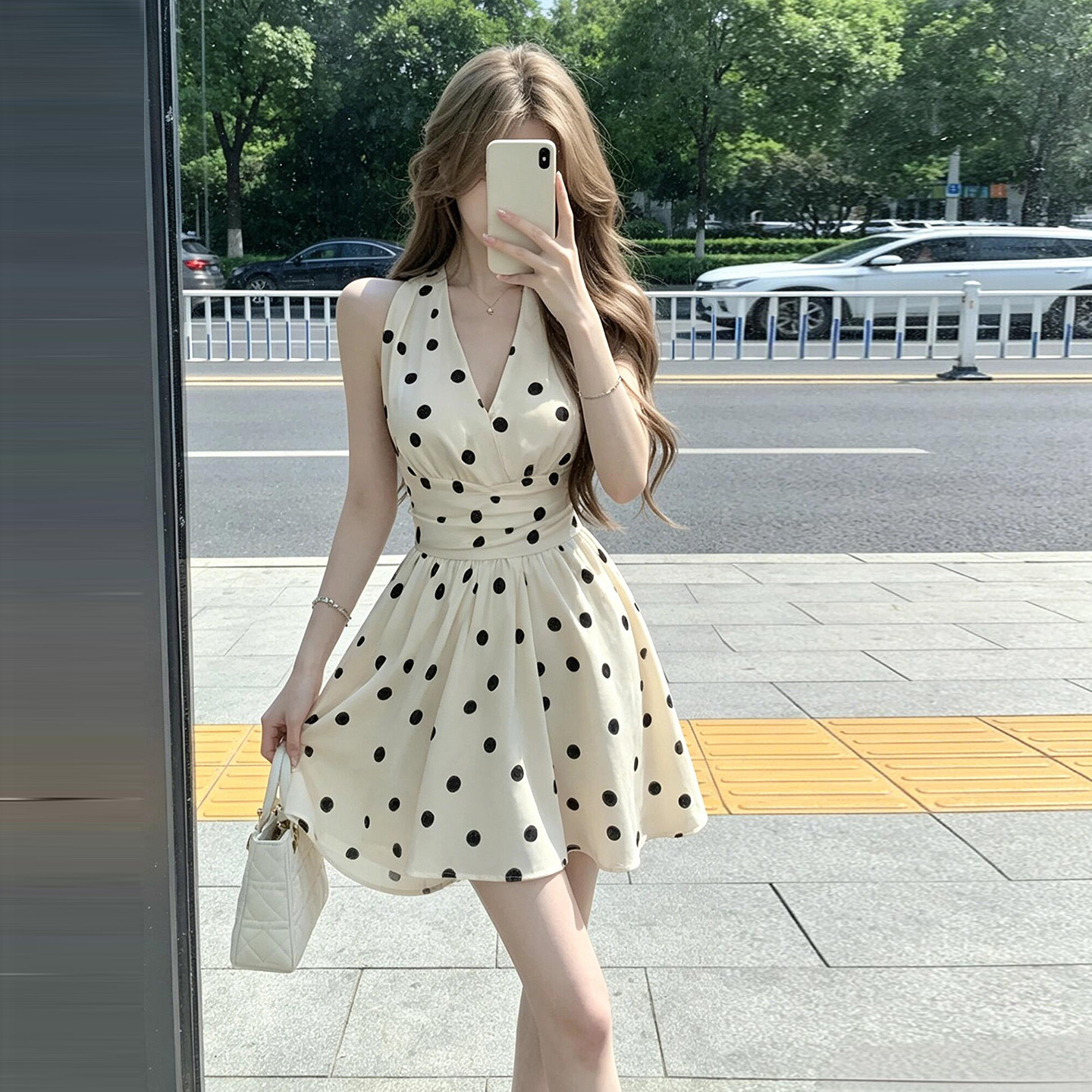 海边出片度假穿搭女夏日高级感气质收腰无袖波点挂脖连衣裙子短裙