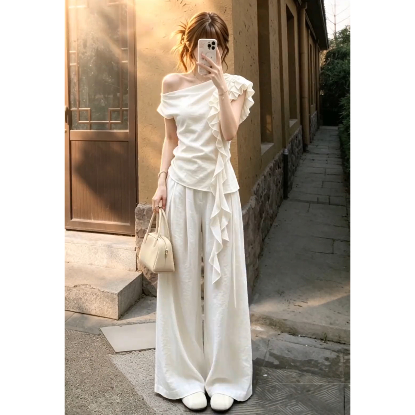 白色纯欲风韩系穿搭夏季绝美斜肩荷叶边飘带上衣休闲阔腿裤子套装